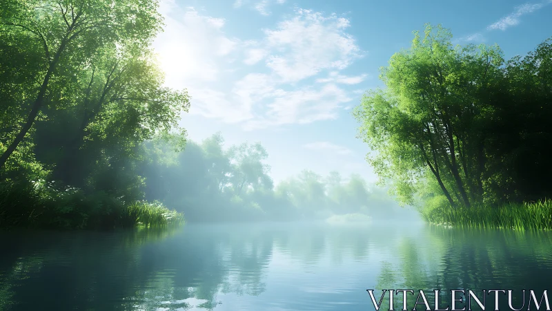 Morning hush over mistlit river cradled in emerald trees.