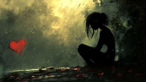 Backlit silhouette in rain contrasts with isolated glowing red heart