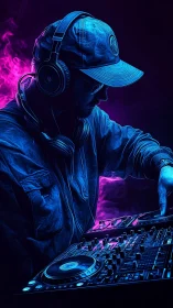 Neon-lit DJ in blue magenta contrast manipulates digital decks