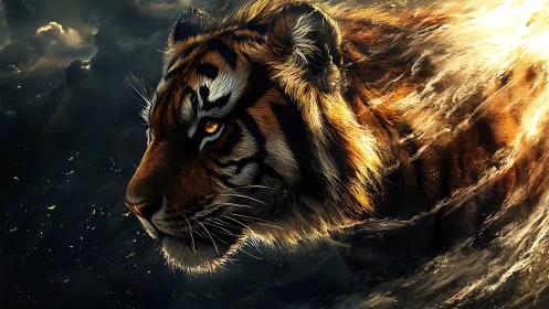 Ferocious tiger emerging through blazing storm light.