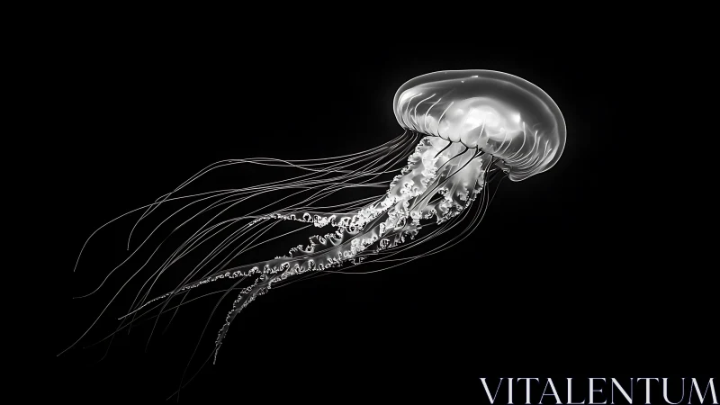 Translucent jellyfish floating on black background.