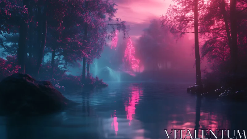 Neon Forest Reflecting in Misty Water at Dusk.