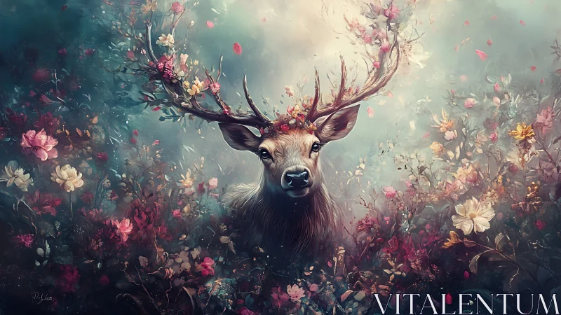 Enchanted stag emerges through ethereal floral mist and light