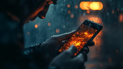 Smartphone Burning in Rain: Digital Destruction Metaphor