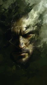 Brooding male face emerging from fractured green mist.