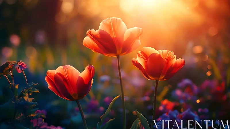 Red Tulips Backlit by Golden Hour Sunlight with Chromatic Bokeh.