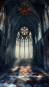 Gothic cathedral nave with stained glass and volumetric light.