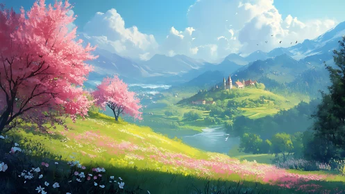 Spring valley landscape frames distant hilltop village view