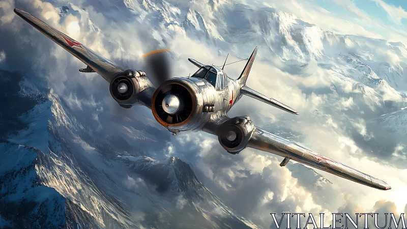 Vintage warplane sweeps through bright, snow capped mountains
