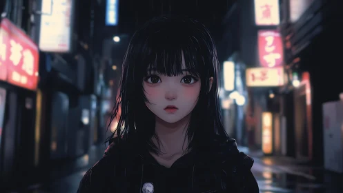 Solitary anime girl stands in neon-lit rainy city street at night.