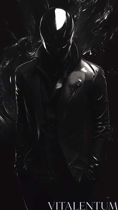 Shadowy suited figure stands poised in sleek dark armor