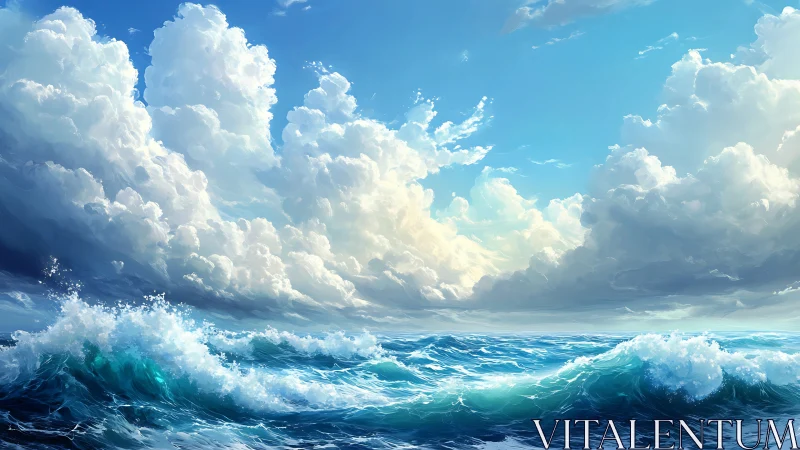 Radiant ocean waves crash beneath towering cumulus clouds.