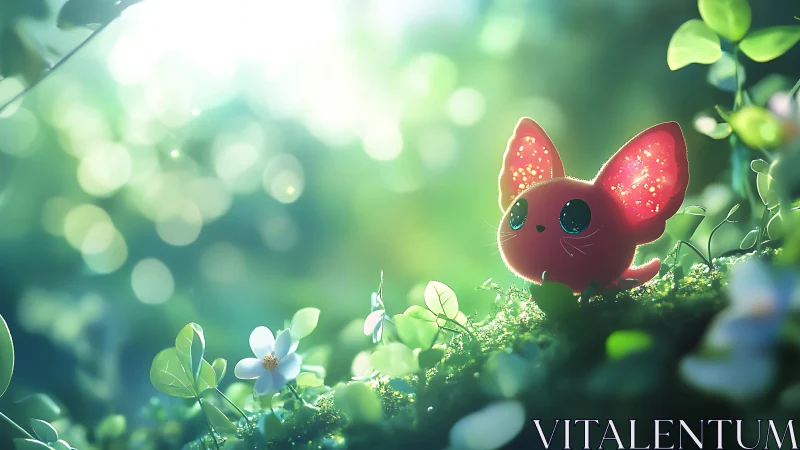 Red big-eared creature stands on moss in glowing forest
