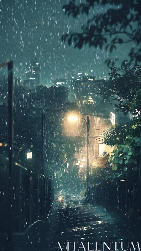 Rainy urban stairway at night with distant city lights.