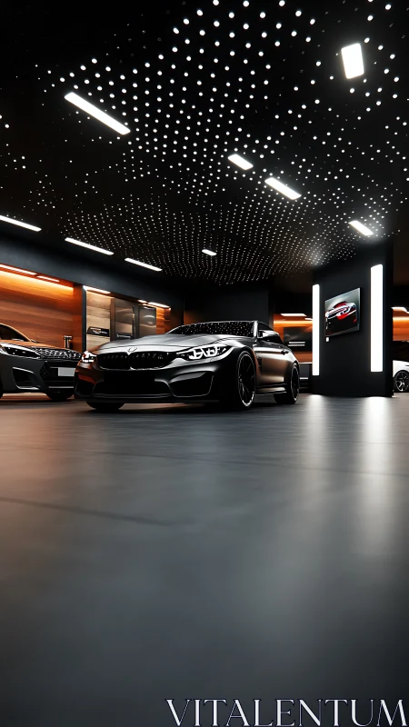 Luxury black coupe under star-lit showroom ceiling.