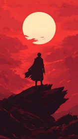 Silhouetted figure stands on jagged cliff under red sun