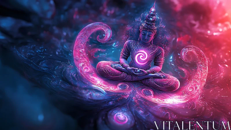 Meditating deity figure radiates neon pink cosmic spiral light