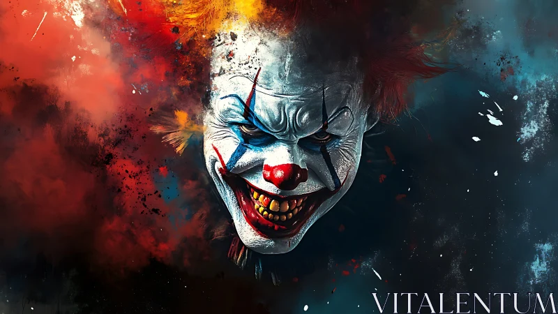 Sinister clown portrait in chaotic red and blue haze.
