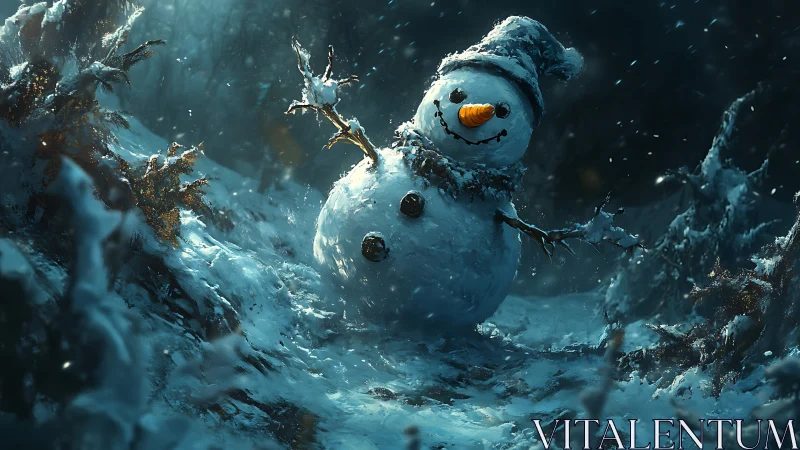 Joyful snowman waves through a magical winter snowfall