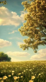 Sunlit wildflower meadow and blooming tree rendered in soft focus