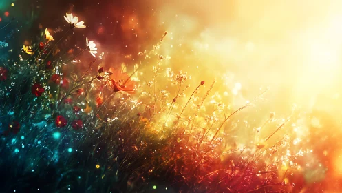 Wildflower meadow glows in radiant, dreamlike sunset light.