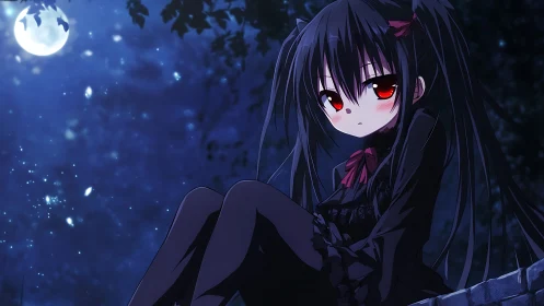 Gothic twin‑tailed girl under luminous blue full moonlit sky