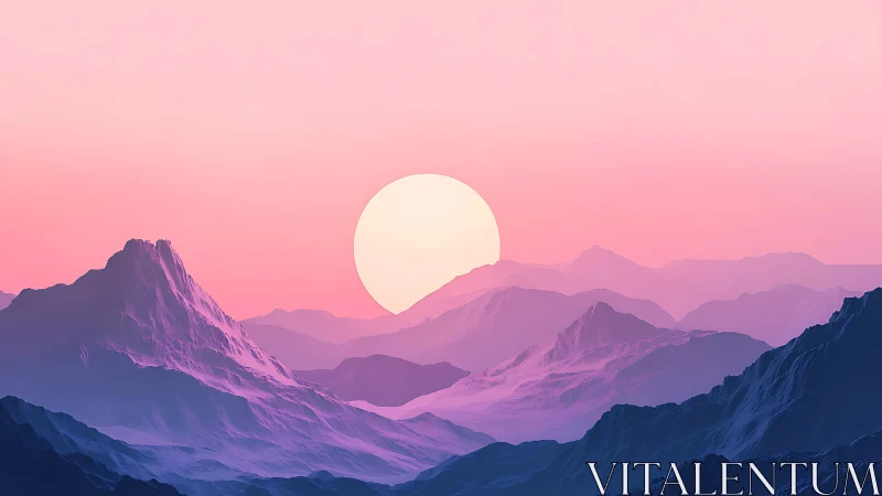 Pastel sci fi mountain range with oversized rising sun glow.