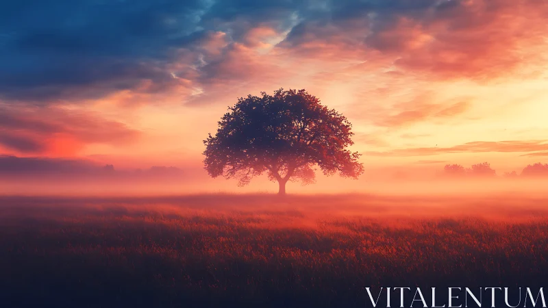 Solitary tree stands in misty field under saturated sunrise