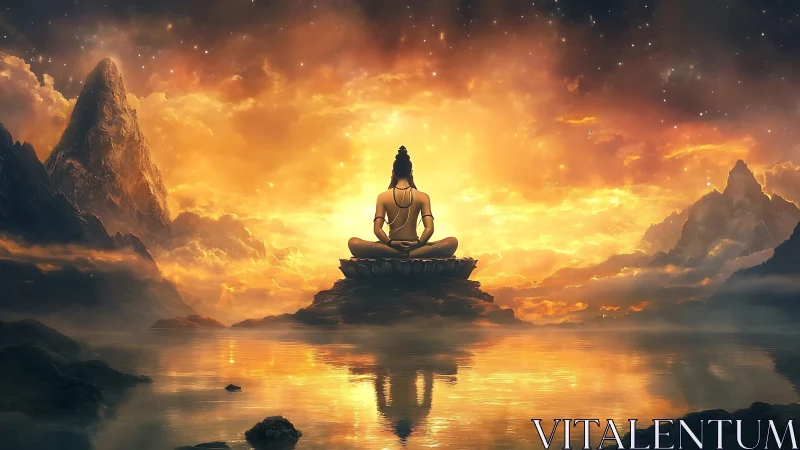 Radiant meditation unfolds over tranquil golden waters