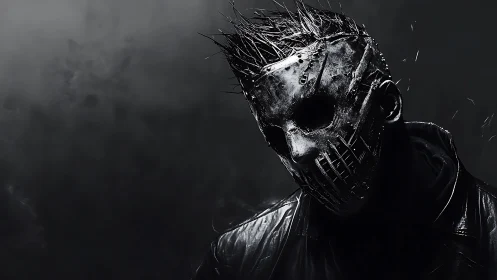 Masked figure in dark metal horror portrait scene.