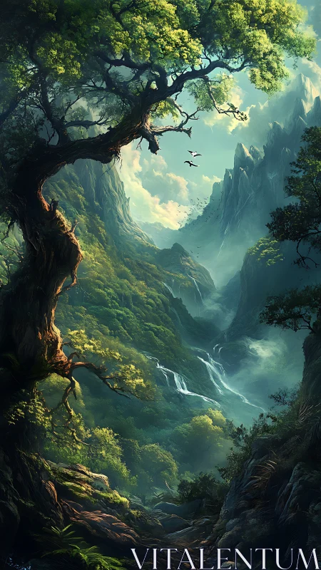 Ancient Tree Overlooking Misty Mountain Valley.