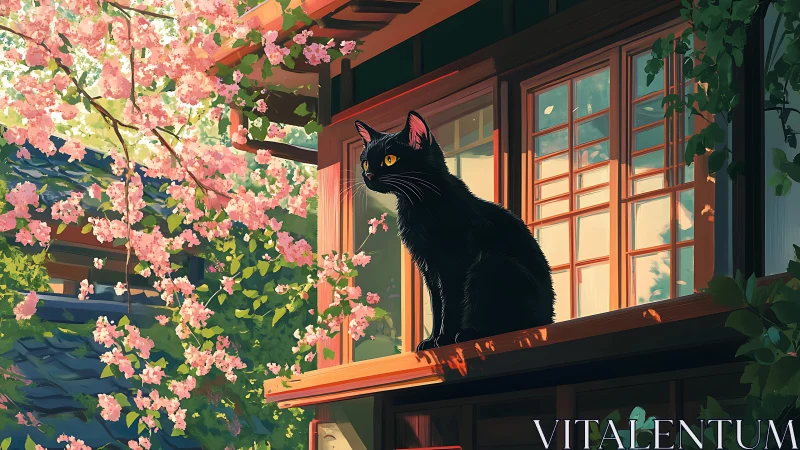 Black cat on wooden window ledge near blooming cherry tree.