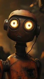 Cinematic 3D portrait of worn orange service robot unit.
