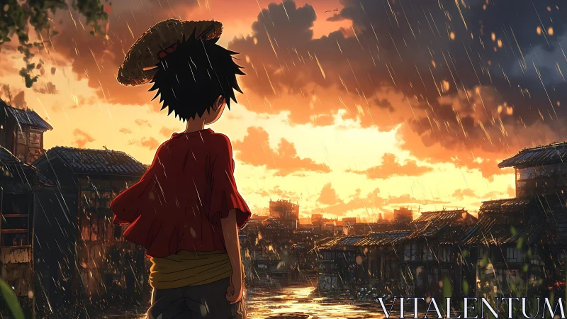 Boy in straw hat watching rainy sunset over old town.