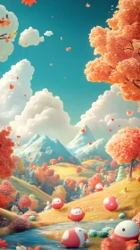 Soft autumn valley with playful round critters at rest.