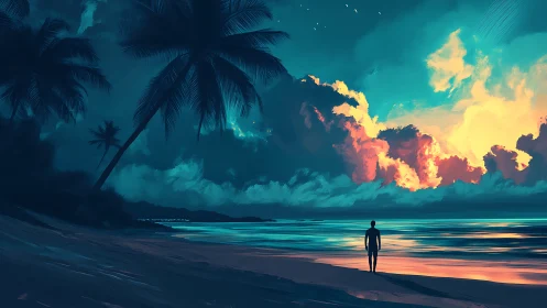 Solitary figure on tropical beach under vivid sunset sky.