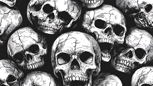 Ink-rendered skull cluster with high-contrast crosshatching pattern.