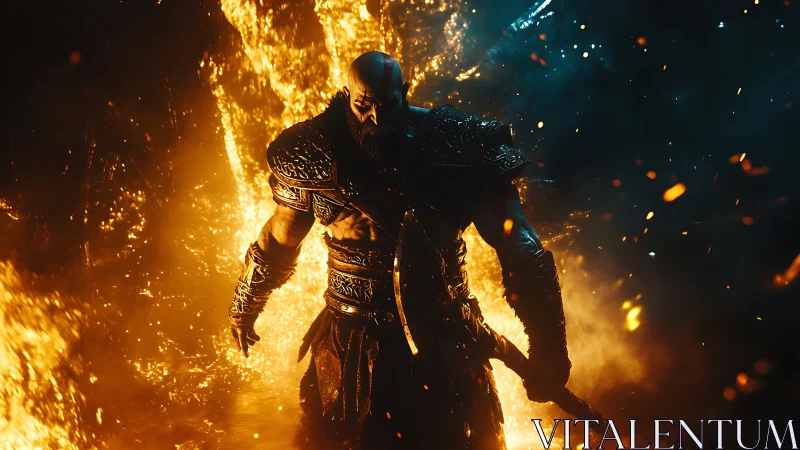 Armored warrior emerges from infernal flames in cinematic contrast