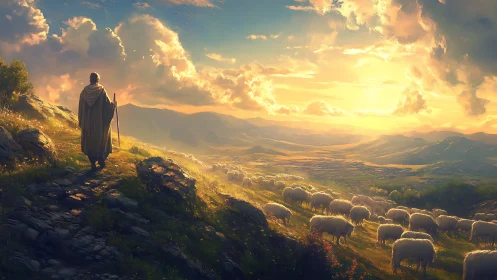 Shepherd’s golden trail above a sun-struck valley of wool.