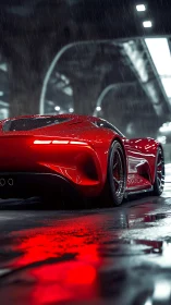 Red sports car rear view on wet urban street at night.