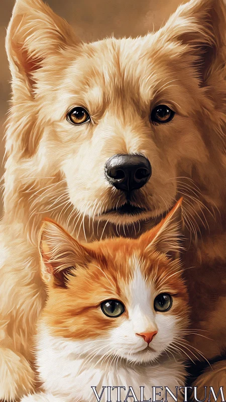 Dog and Cat Portrait: Warm-Toned Digital Artwork.