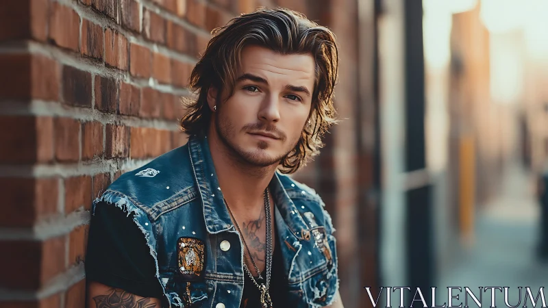 Confident young man leans on brick wall in warm city light