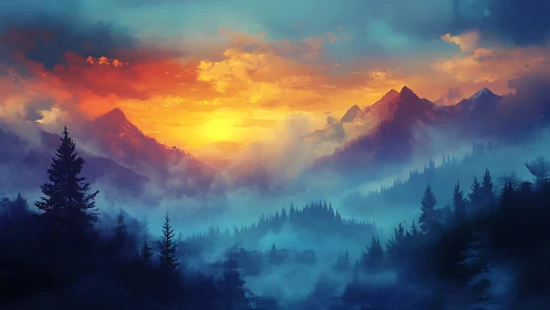 Radiant mountain sunrise bathes misty forested peaks in light.