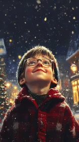 Winter-struck wonder kid bathing in storybook snowglow.