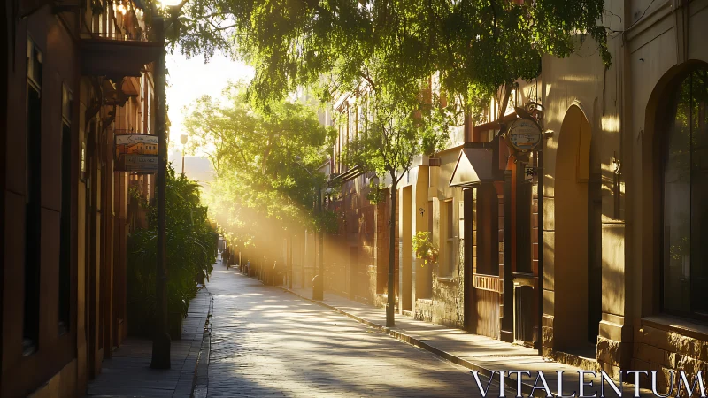 Early morning volumetric light across narrow urban laneway.