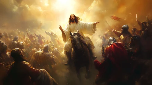 Radiant messianic rider leads armored host through golden storm