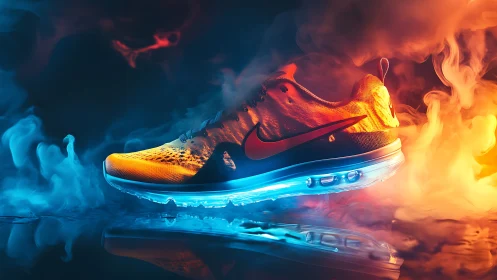 Fire and frost sneaker igniting motion in neon vapor clouds.
