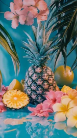 Pineapple stands among sliced citrus and tropical flowers