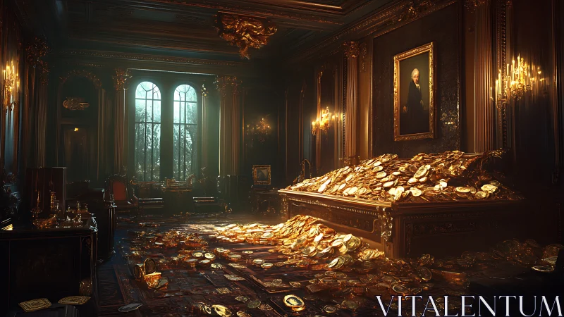 Golden coins flooding a grand, secretive manor hall.