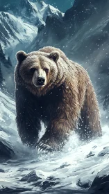 Brown bear walking through snowy alpine river landscape.
